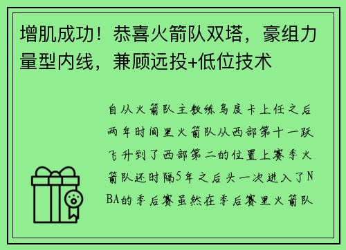 增肌成功！恭喜火箭队双塔，豪组力量型内线，兼顾远投+低位技术
